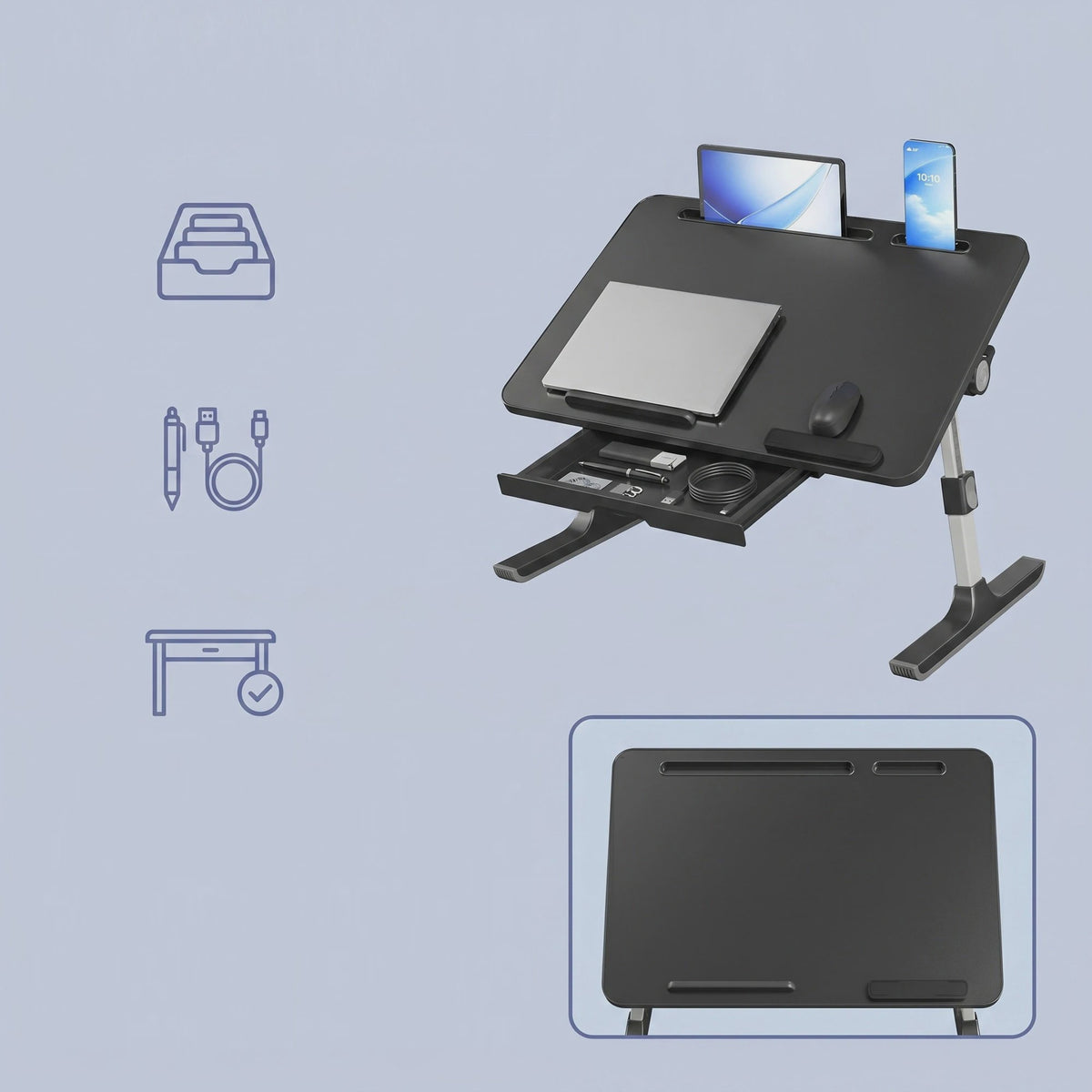 Verstelbare Laptoptafel voor Bed & Bank - Inklapbaar, Met Tablet/Telefoonhouder
