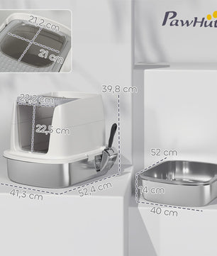 Pawhut Luxe RVS Kattenbak met Klepdeksel, Metalen Schep & Geurfilter - Wit