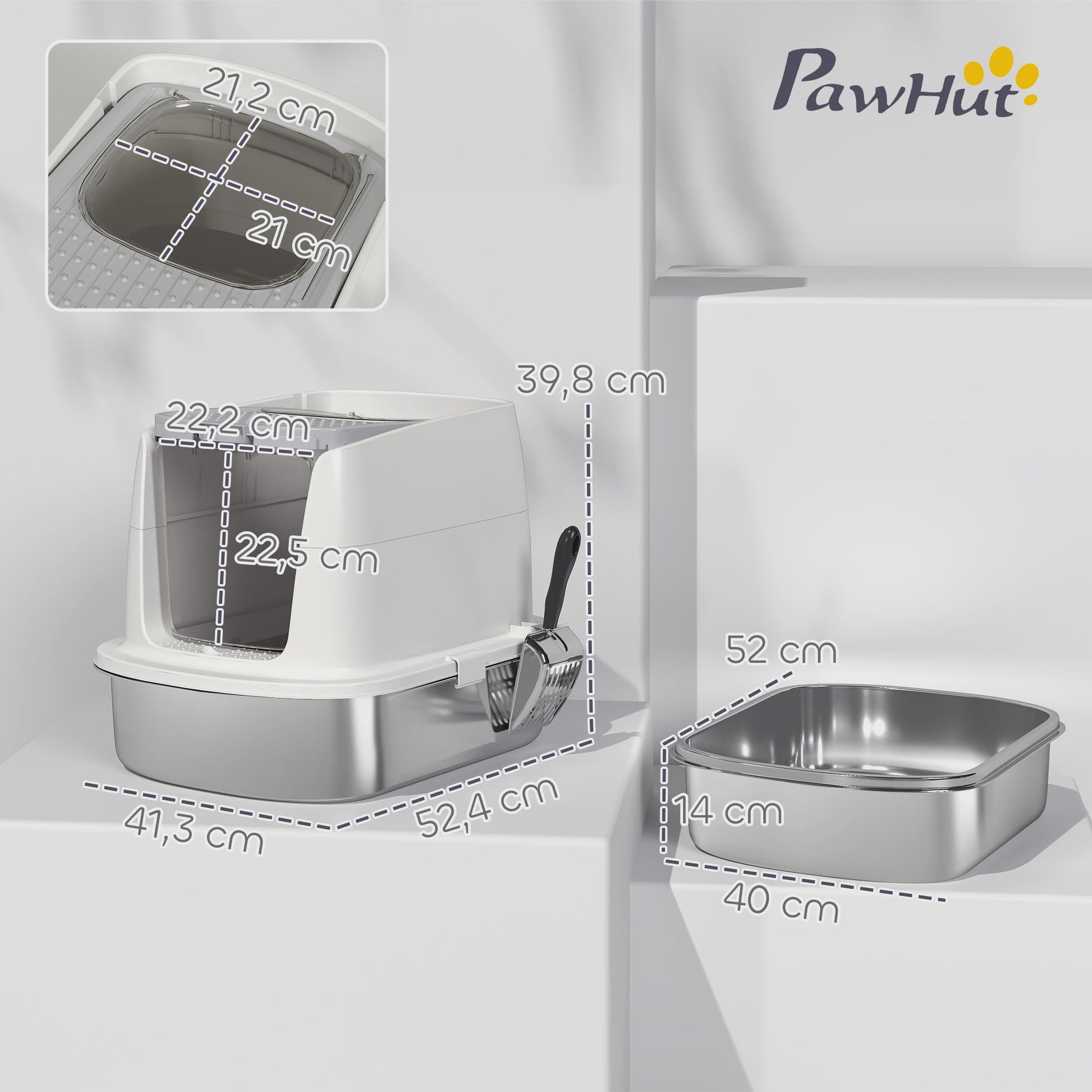 Pawhut Luxe RVS Kattenbak met Klepdeksel, Metalen Schep & Geurfilter - Wit