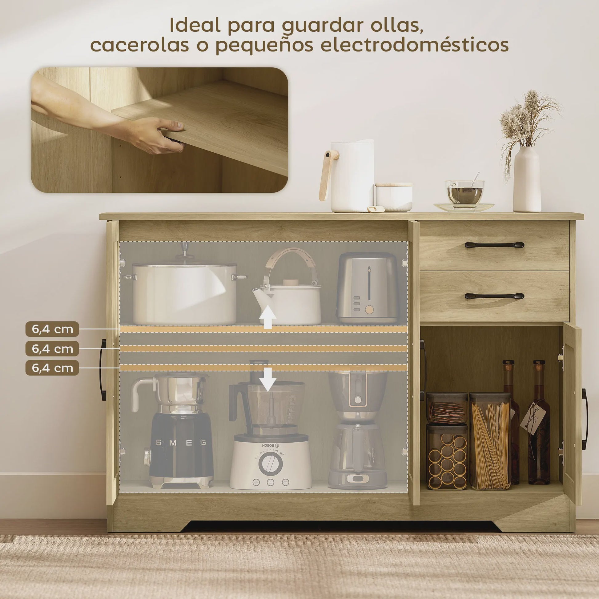 Modern Dressoir met 3 Deuren en 2 Lades - 120x38x79 cm - Natuurlijk Hout