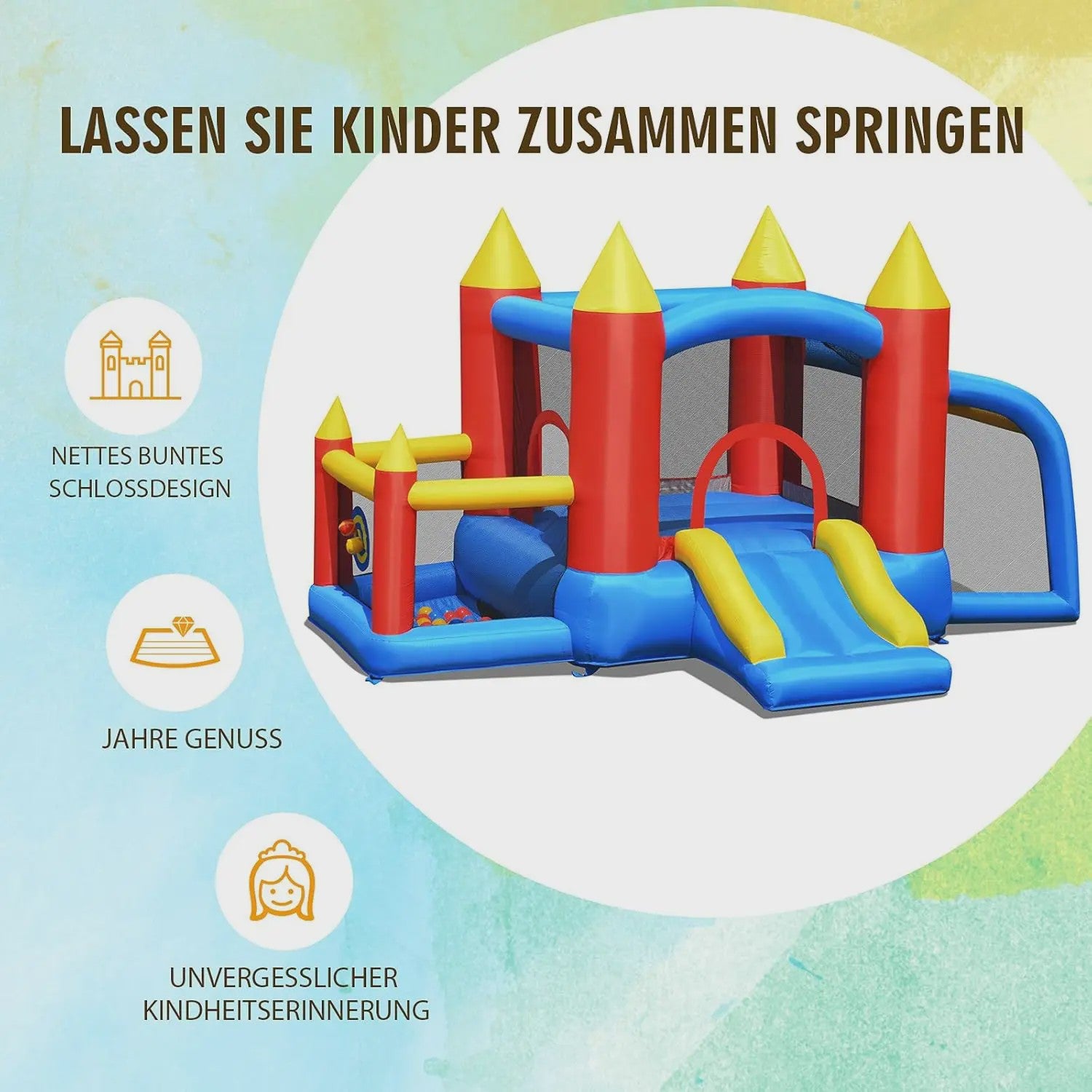Opblaasbaar Springkasteel met Glijbaan, Voetbalgoal & Pijltjes - 450W Blower