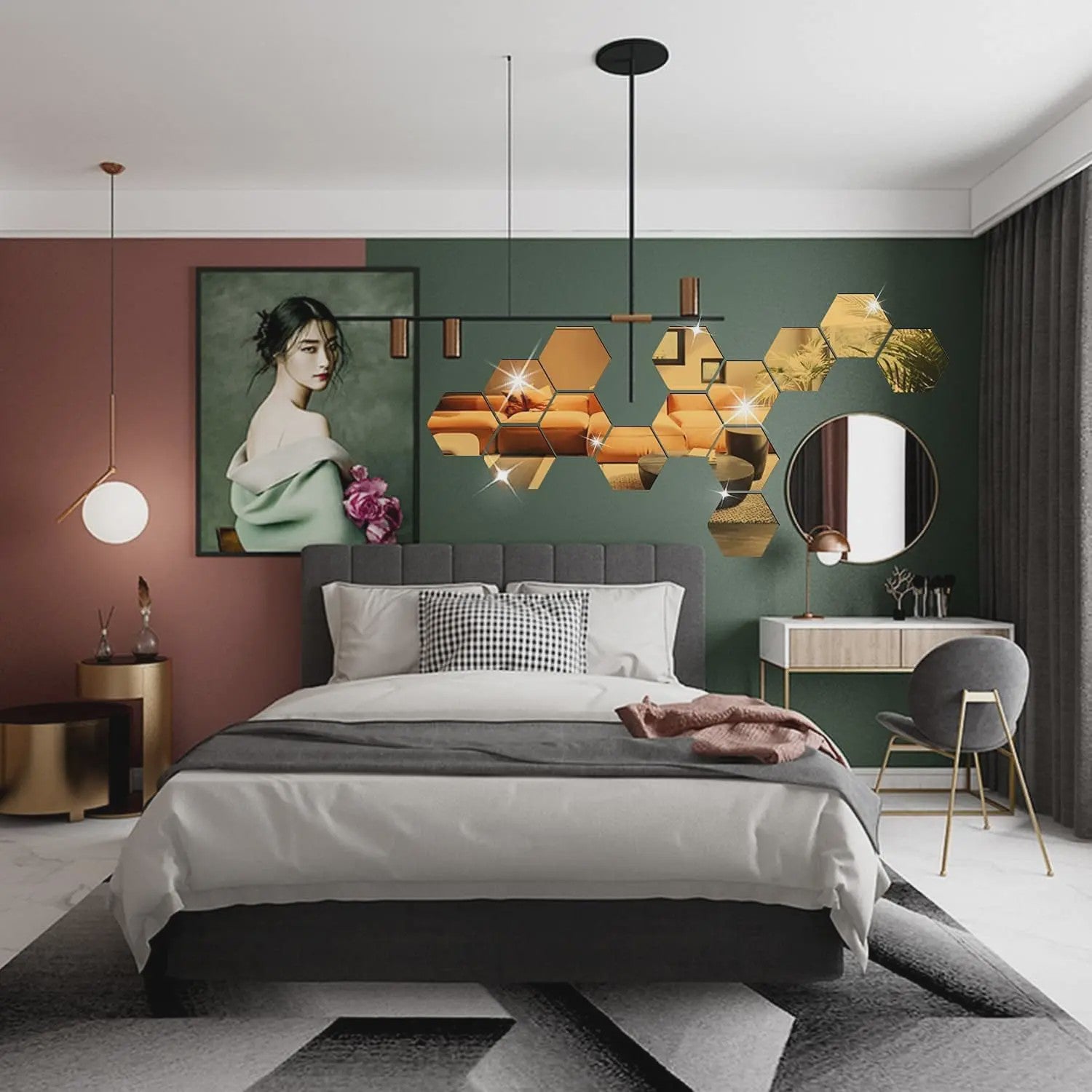 Zeskant Spiegel Muurstickers Set - 3D Decoratie voor Woonkamer, Slaapkamer & Badkamer (Rose Gold)