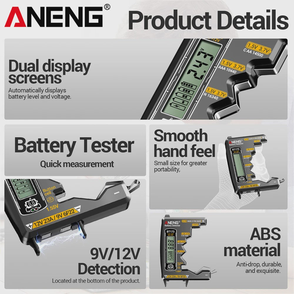 Universele Batterij Tester ANENG BT173 - Digitale Batterij Detector voor AA, AAA, C, D, 9V en Knoopcel Batterijen