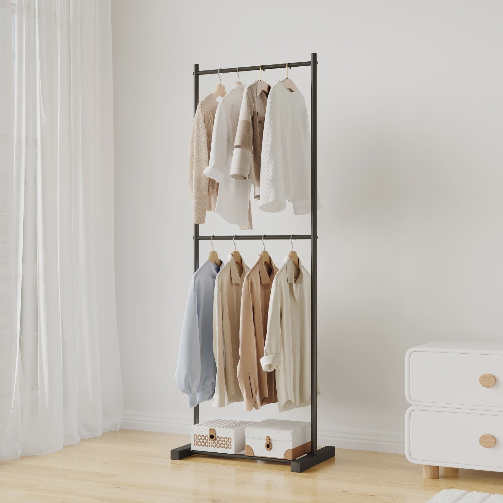 Stabiele Kledingrek Dubbellaags - Multifunctioneel & Nordic Stijl - Zwart, Wit, Goud
