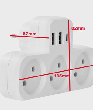 3-Weg Stopcontact Verdeler met 2 USB-A en 1 USB-C Poort - Oplaadstation