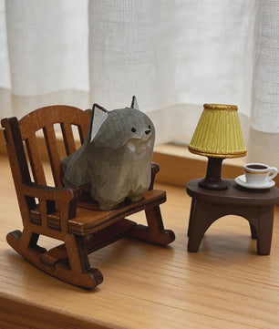 Handgemaakte Houten Mini Wolf Beeldje - Schattig Dieren Decoratie voor Bureau