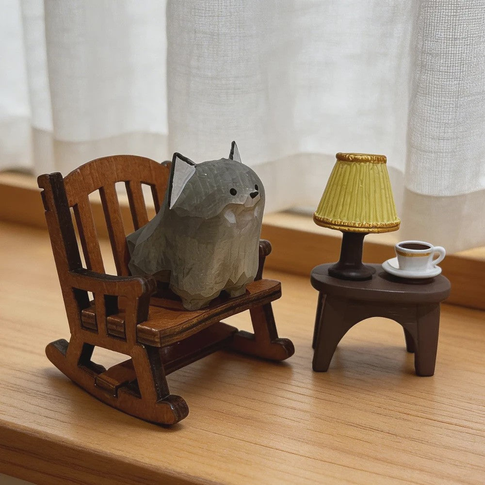 Handgemaakte Houten Mini Wolf Beeldje - Schattig Dieren Decoratie voor Bureau