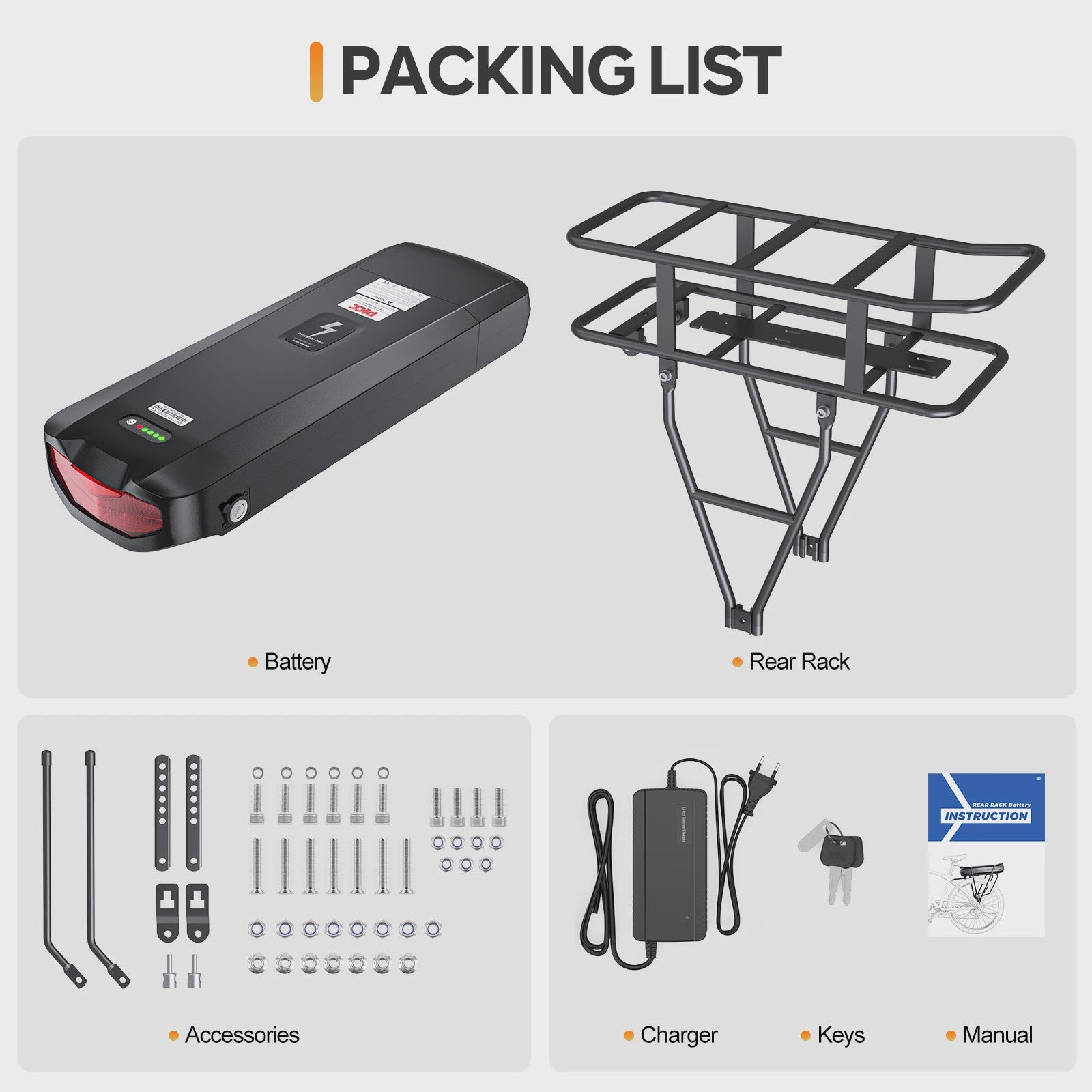 Lithium E-bike Batterij Pack 36V/48V/52V - 17.5Ah/20.8Ah Achterdrager Batterij
