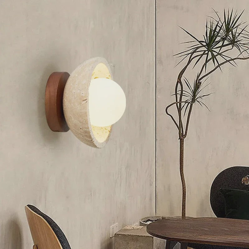 Wabi Sabi Stijl Plafondlamp - Natuursteen Look met Houten Accent