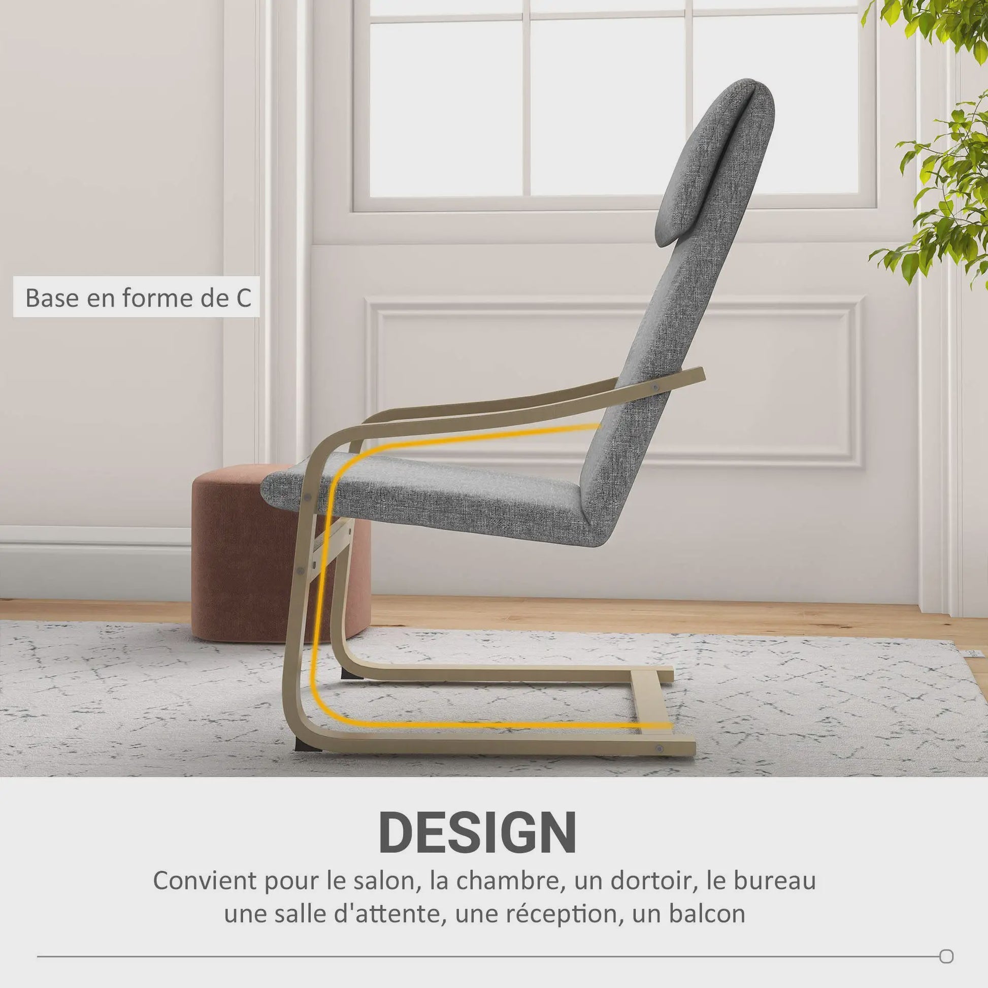HOMCOM Living Room Armchair with cushion and Incurvated Armrests, Living Room fabric chair for bedroom, 65x79x98 cm, Grey