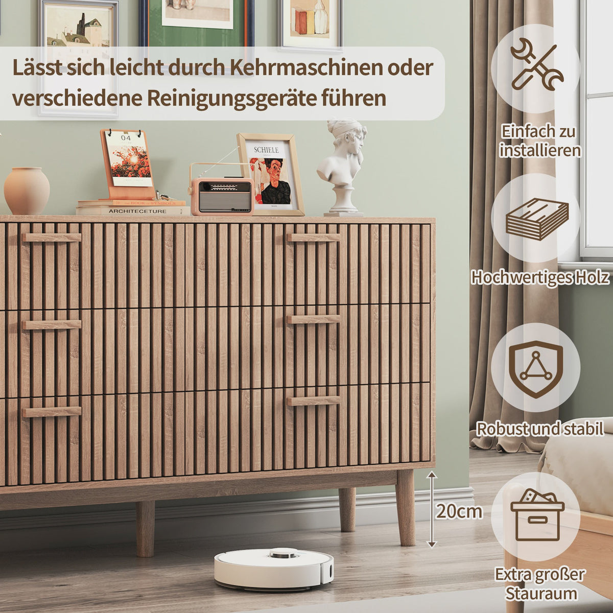 Brede Ladekast 100cm Natuurlijk Hout met 6 Laden - Stijlvolle Houten Opbergkast met Lamellenfront en Anti-Kip Beveiliging