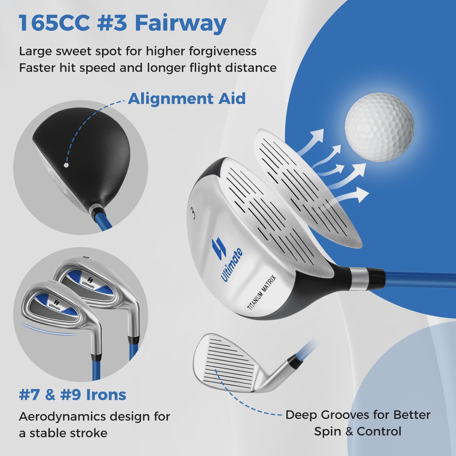 5-delige Kinder Golfset met Fairway Wood, IJzer 7, 9 & Putter - Voor Kinderen 8-10 Jaar