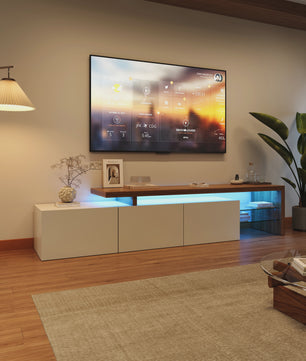 Moderne TV Meubel met LED Verlichting, 3 Lades en Glazen Partition - Wit/Zwart Hoogglans