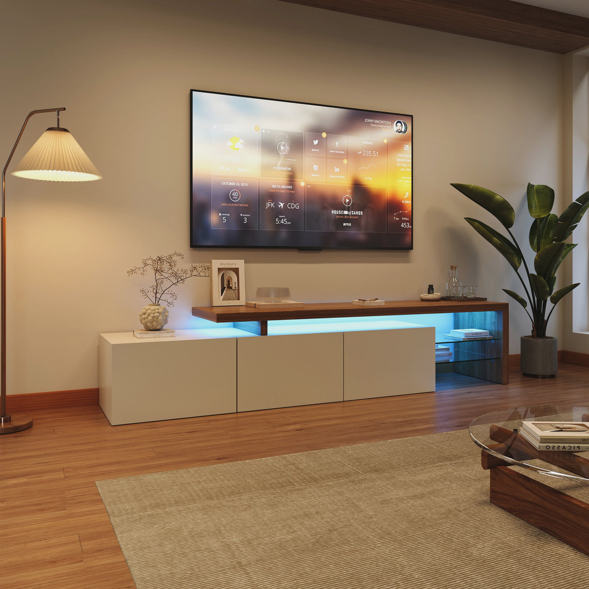 Moderne TV Meubel met LED Verlichting, 3 Lades en Glazen Partition - Wit/Zwart Hoogglans