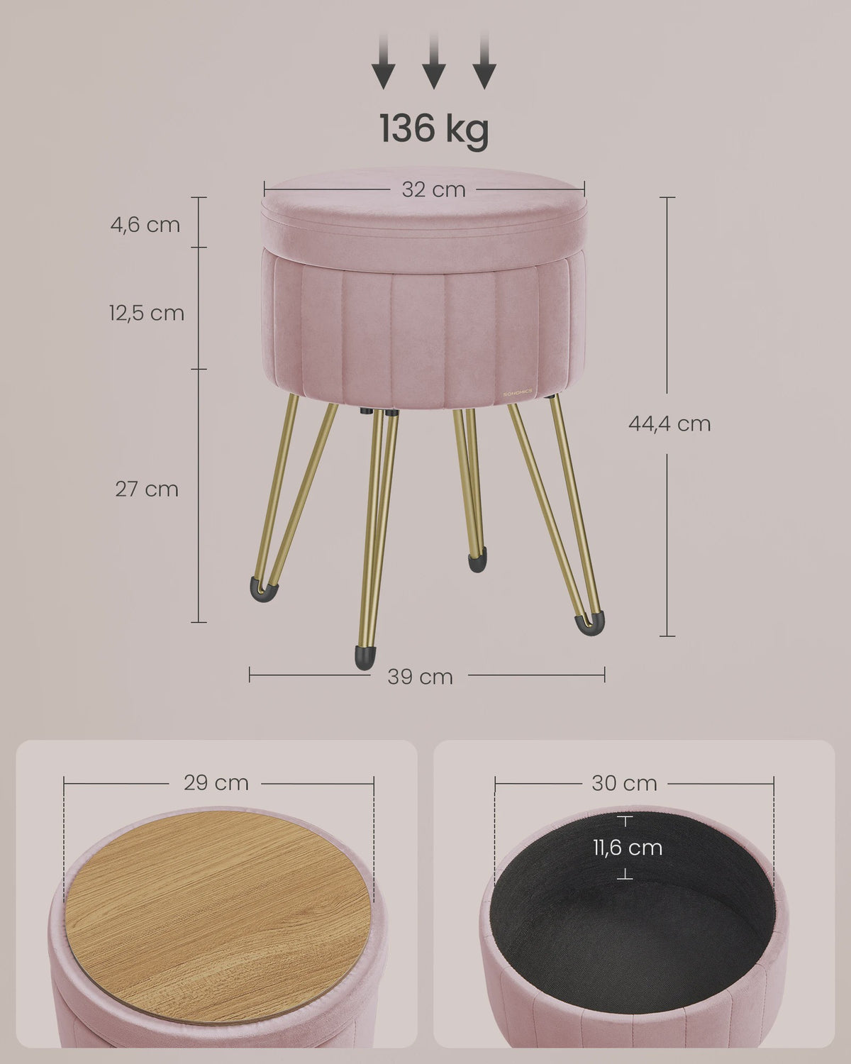 Verstelbare Fluwelen Poef met Opbergruimte en Metalen Poten - Elegant & Comfortabel