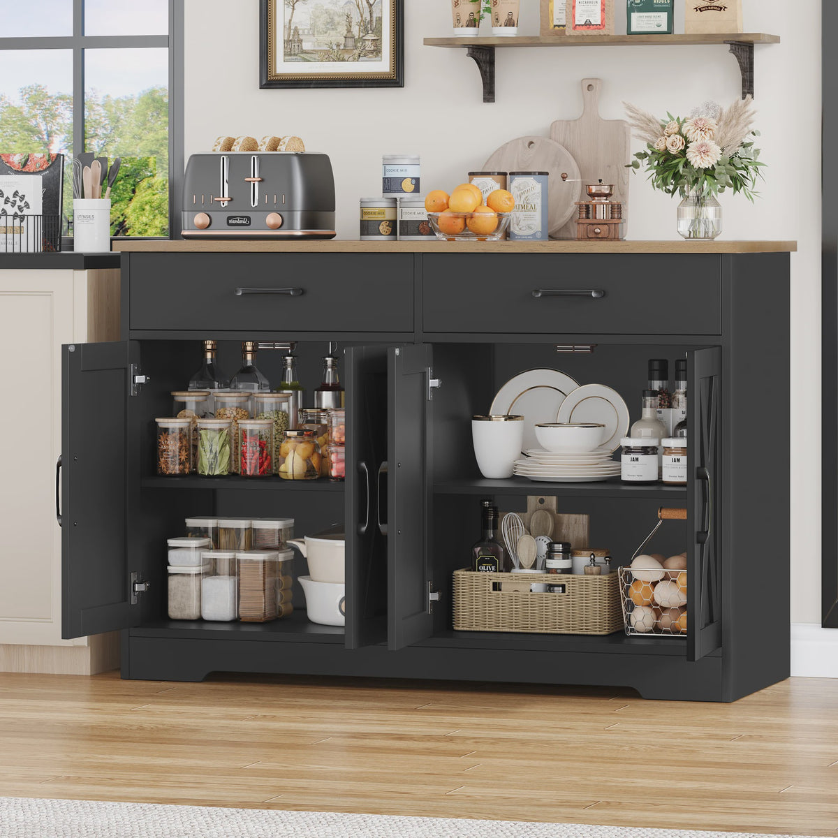 Zwarte Sideboard Kast met 2 Lades en 4 Deuren - 120cm Breed