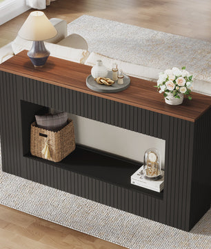 Moderne Console Tafel 140 cm Zwart met Houten Top - Stijlvolle Entree- en Banktafel