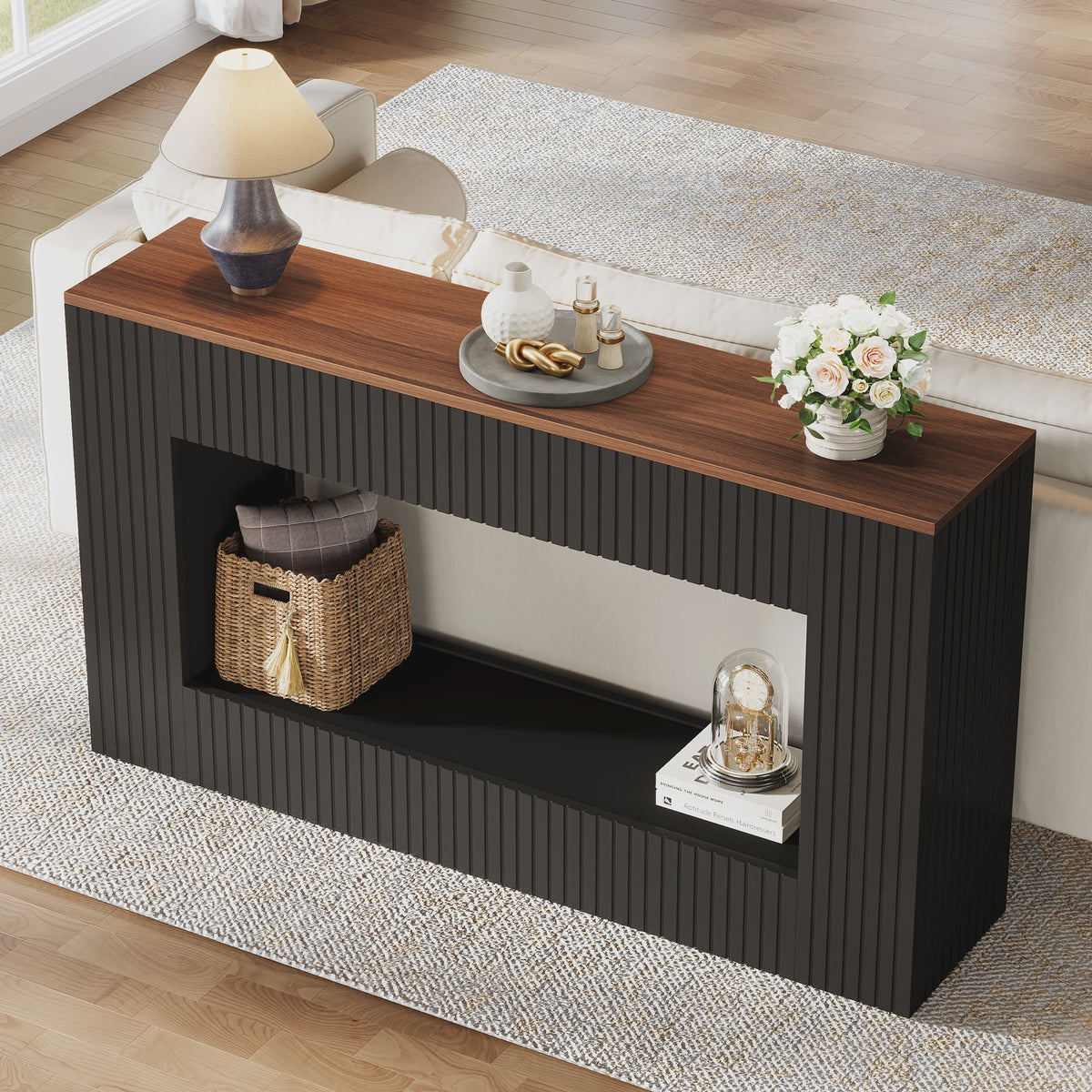 Moderne Console Tafel 140 cm Zwart met Houten Top - Stijlvolle Entree- en Banktafel