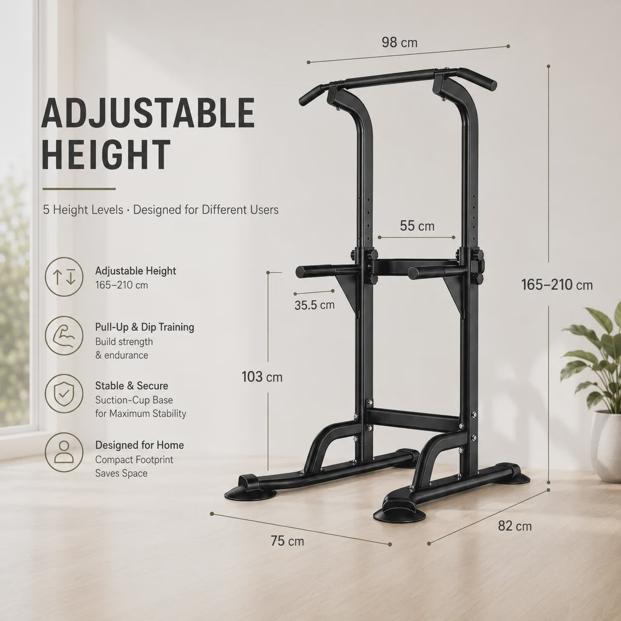 Power Tower Pull Up & Dip Station: 6-in-1 Home Gym voor Krachttraining, Verstelbaar (165-210cm), 350LB Capaciteit