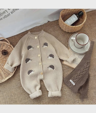 Schattige Baby Gebreide Jumpsuit met Egel Print - Lente & Herfst Kruippakje