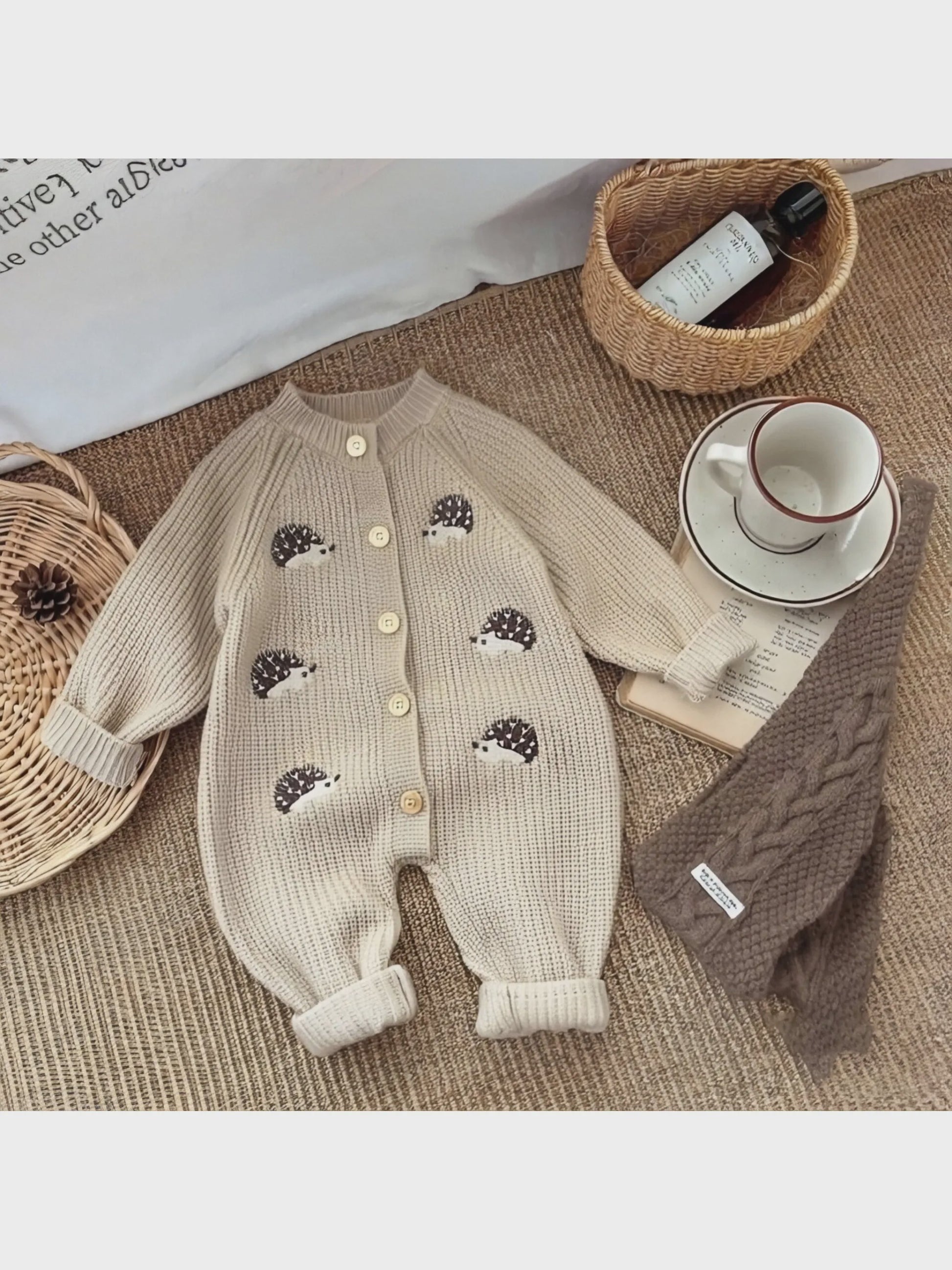 Schattige Baby Gebreide Jumpsuit met Egel Print - Lente & Herfst Kruippakje