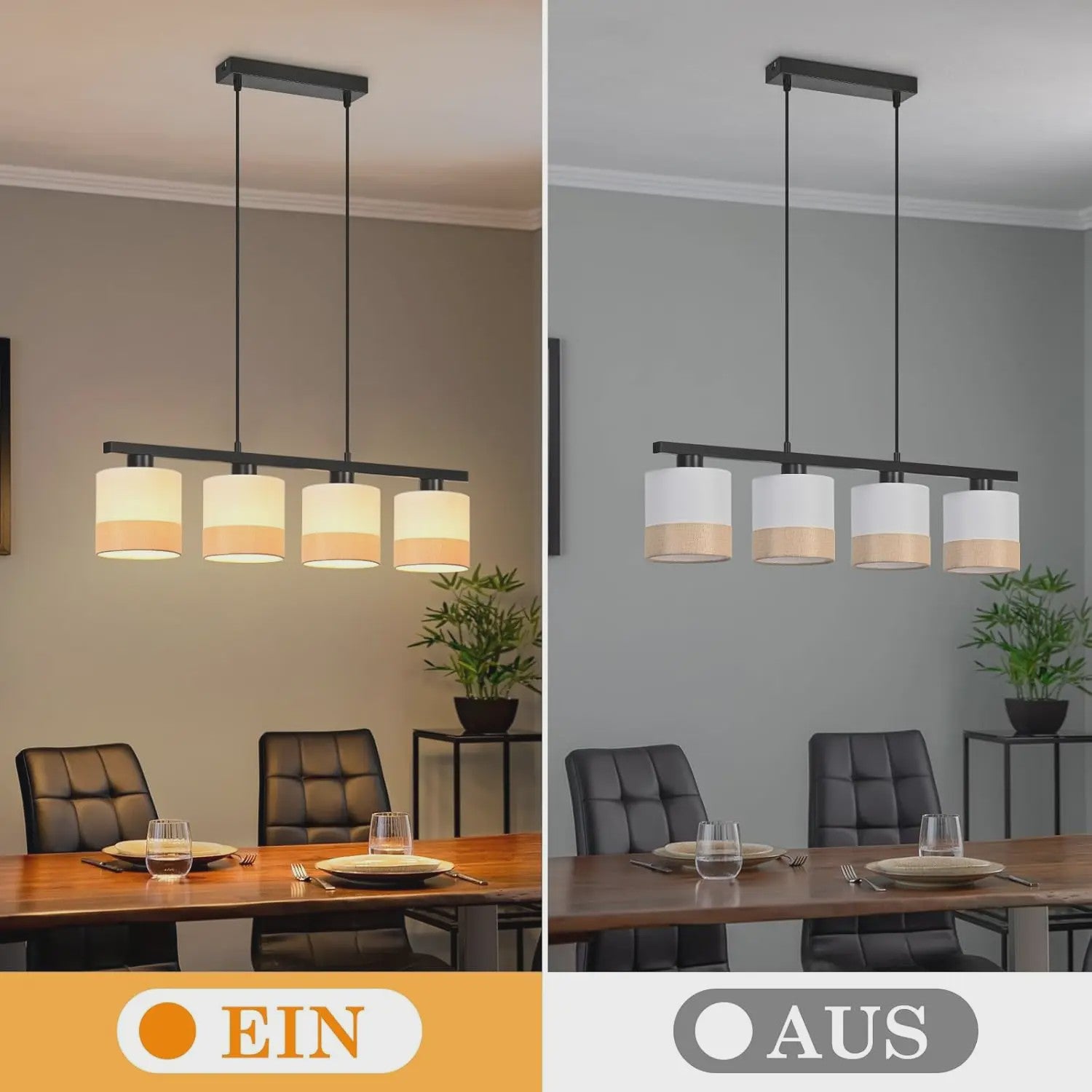 Vintage Hanglamp 4-Lichts E27 Stof met Verstelbare Hoogte voor Eetkamer, Woonkamer of Keuken