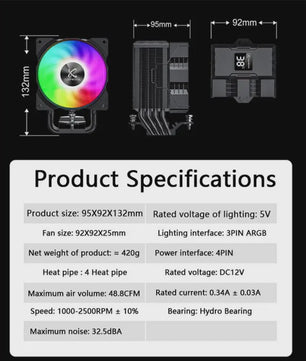 X-Gamerx Z-1300 CPU Air Cooler met Digitale Temperatuur Display en ARGB Ventilator