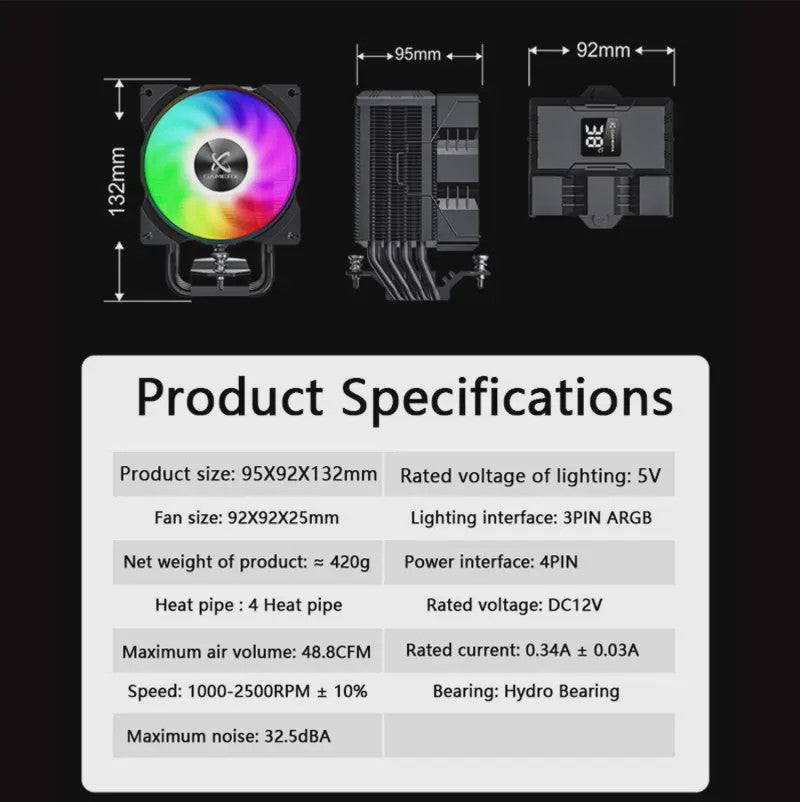 X-Gamerx Z-1300 CPU Air Cooler met Digitale Temperatuur Display en ARGB Ventilator