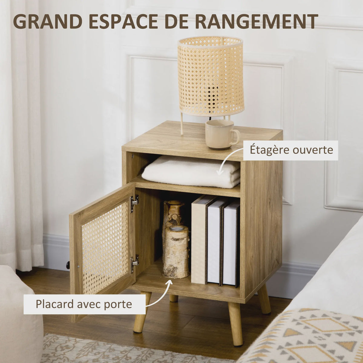 Set van 2 Nachtkastjes met Rotan Deur en Open Nis - Vintage Design - 39x35x60 cm