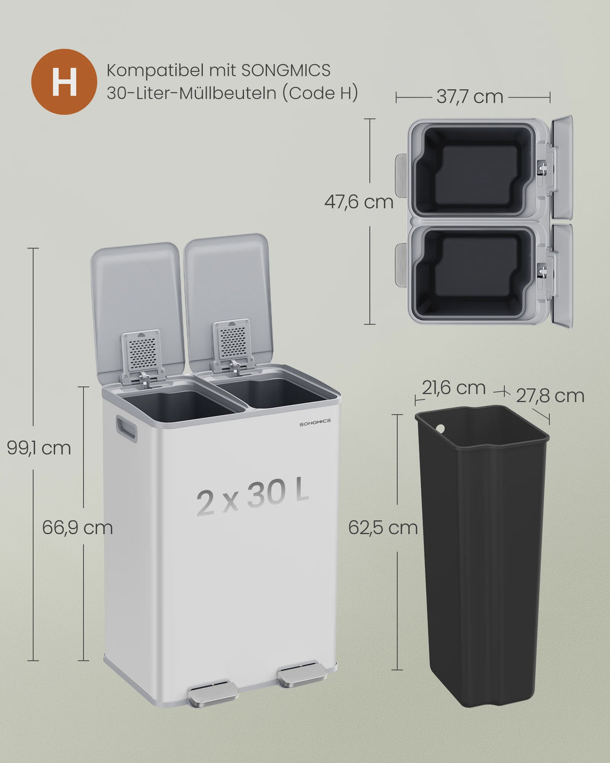 SONGMICS Dubbele Keukenprullenbak 2x30L met Softclose Deksel en Voetpedaal - RVS