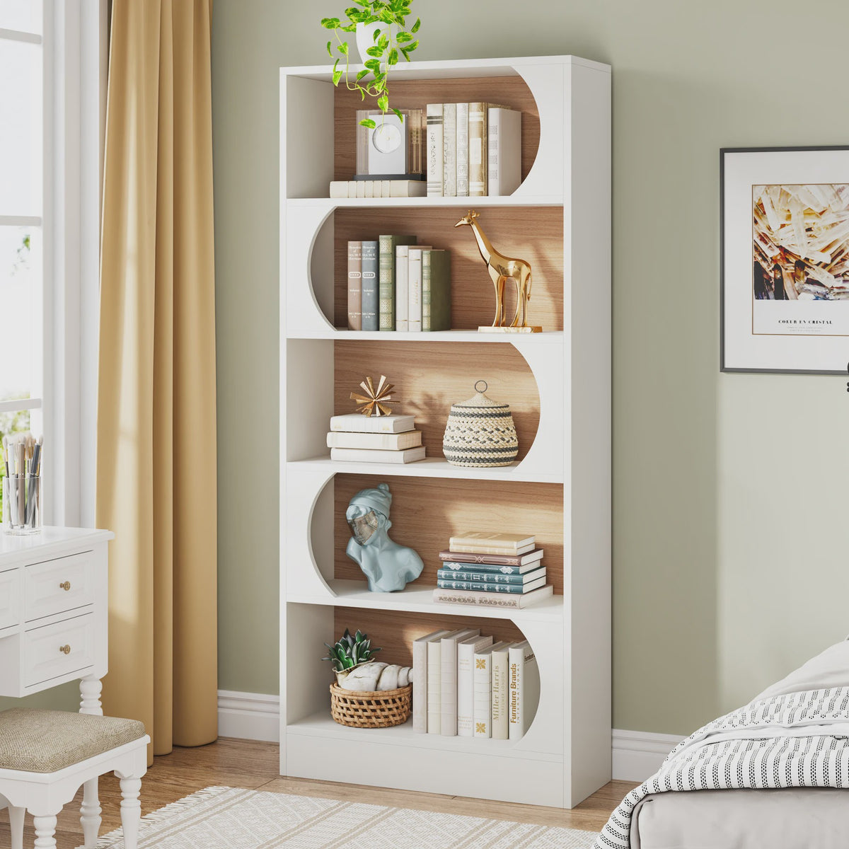 Stijlvolle Boekenkast 5 Lagen - Wit & Walnoot - 180cm Hoog
