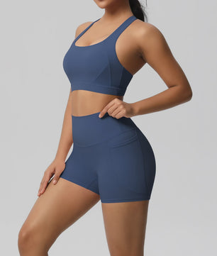 Dames Yoga Set: Sportieve Kleding met Hoge Taille Shorts en Sportbeha met Zakken