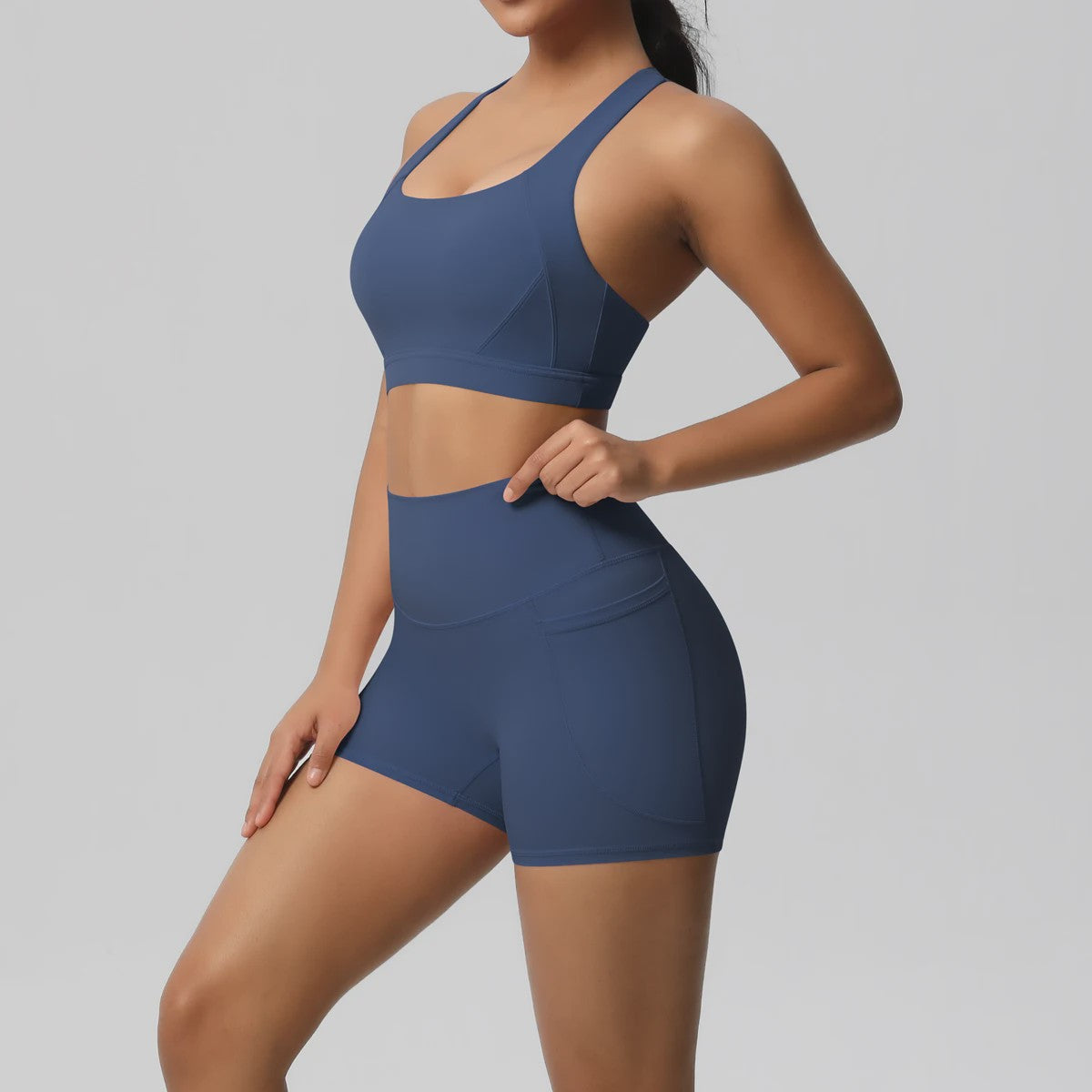 Dames Yoga Set: Sportieve Kleding met Hoge Taille Shorts en Sportbeha met Zakken
