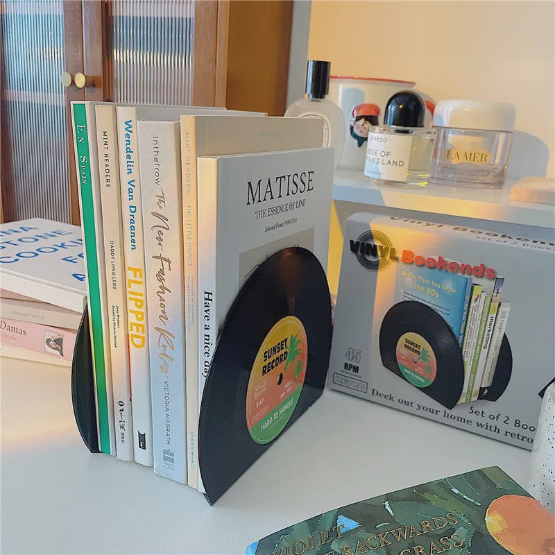 Retro Vinyl Plaat Boekensteunen - Set van 2 - Vintage Decoratie voor Bureau & Kantoor