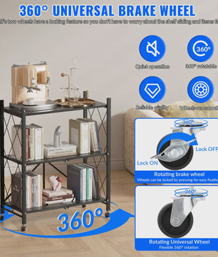 3-Laags Opvouwbaar Metalen Rek met Wielen - Flexibele Opbergoplossing voor Huis & Garage