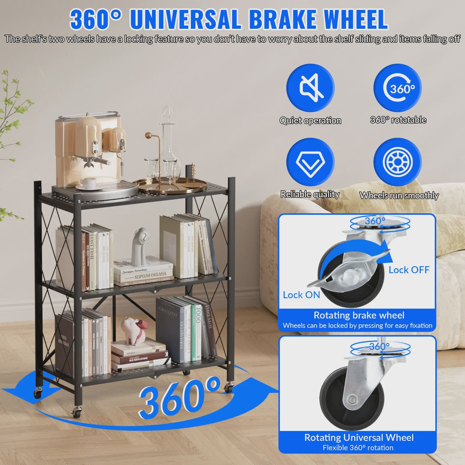 3-Laags Opvouwbaar Metalen Rek met Wielen - Flexibele Opbergoplossing voor Huis & Garage