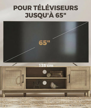 Stijlvol TV Meubel 135cm met Rotan Deuren & Open Vakken - Oak Look - Tot 65 Inch