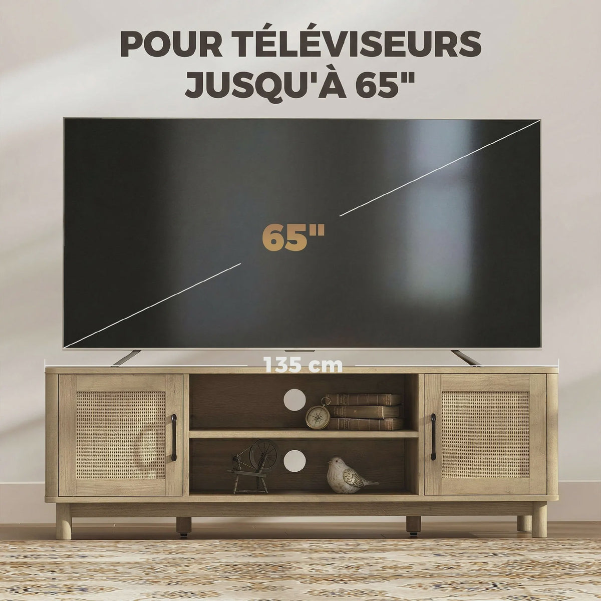 Stijlvol TV Meubel 135cm met Rotan Deuren & Open Vakken - Oak Look - Tot 65 Inch