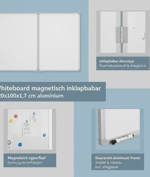 Magnetisch Whiteboard 2 Panelen Inklapbaar 120x100 cm met Aluminium Frame