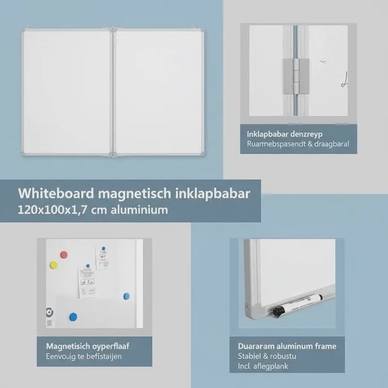Magnetisch Whiteboard 2 Panelen Inklapbaar 120x100 cm met Aluminium Frame