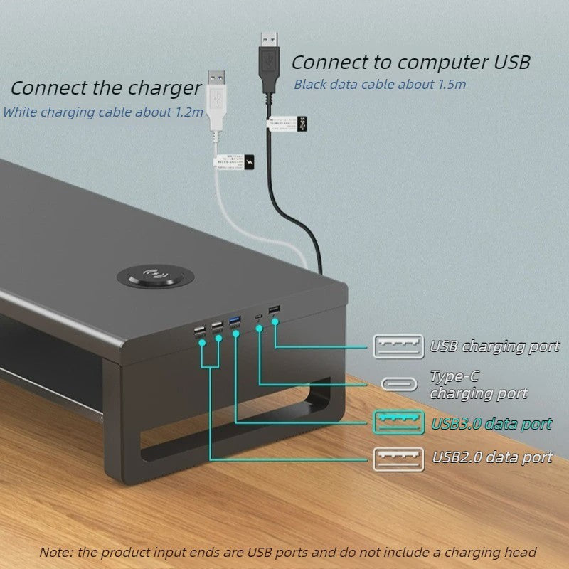 Monitor Riser Stand met USB Docking Station & Draadloze Oplader - Bureau Organizer