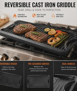 Omkeerbare Gietijzeren Grillplaat/Bakplaat 492x218mm - Draagbaar, Rechthoekig, Voor Binnen & Buiten Koken
