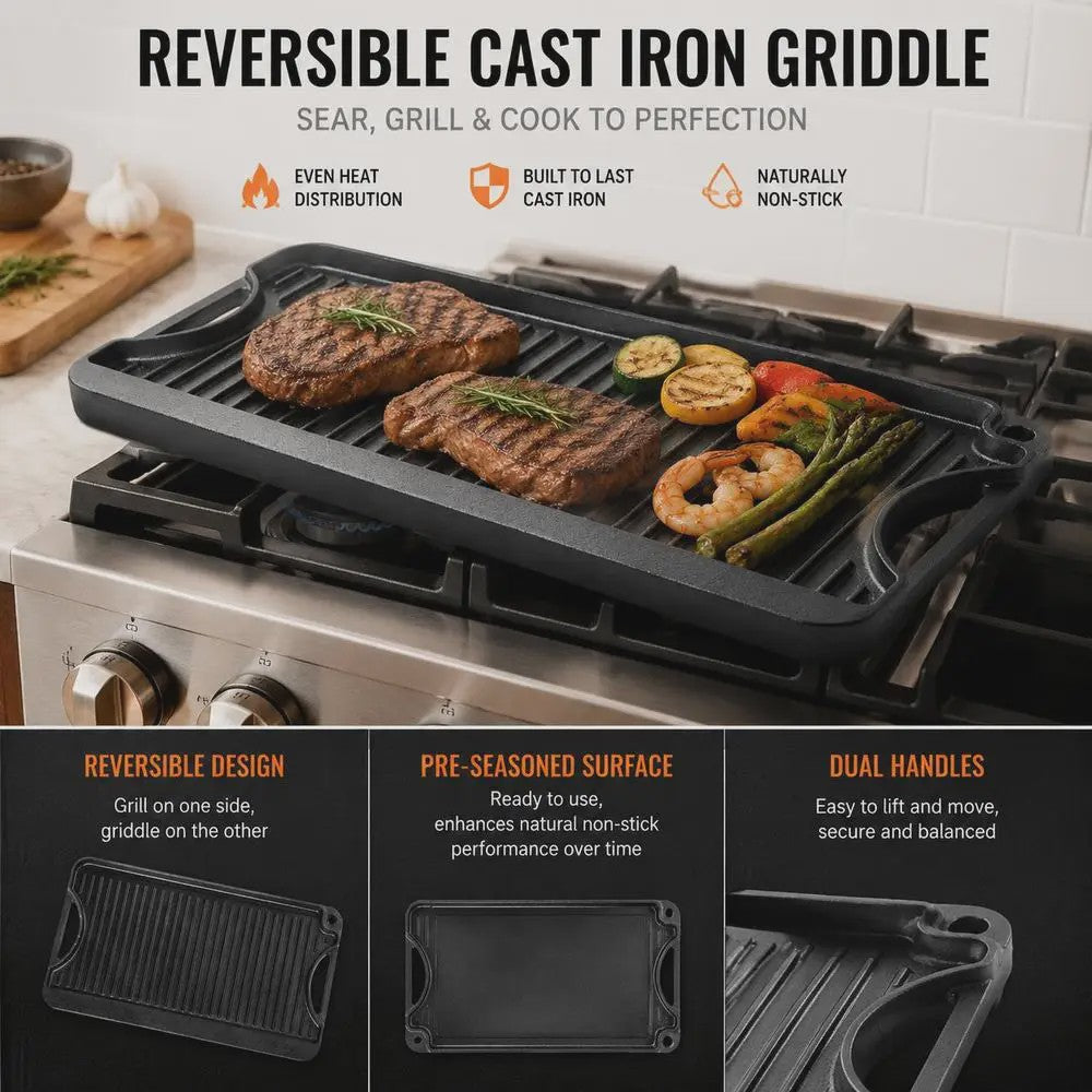 Omkeerbare Gietijzeren Grillplaat/Bakplaat 492x218mm - Draagbaar, Rechthoekig, Voor Binnen & Buiten Koken
