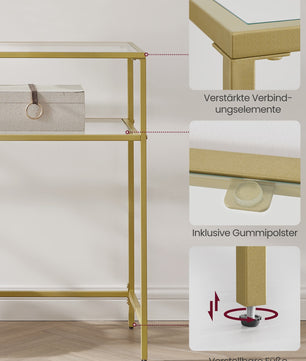 VASAGLE Console Tafel met 2 Glazen Legborden - Goudkleurig Metaal - 100x35x80 cm