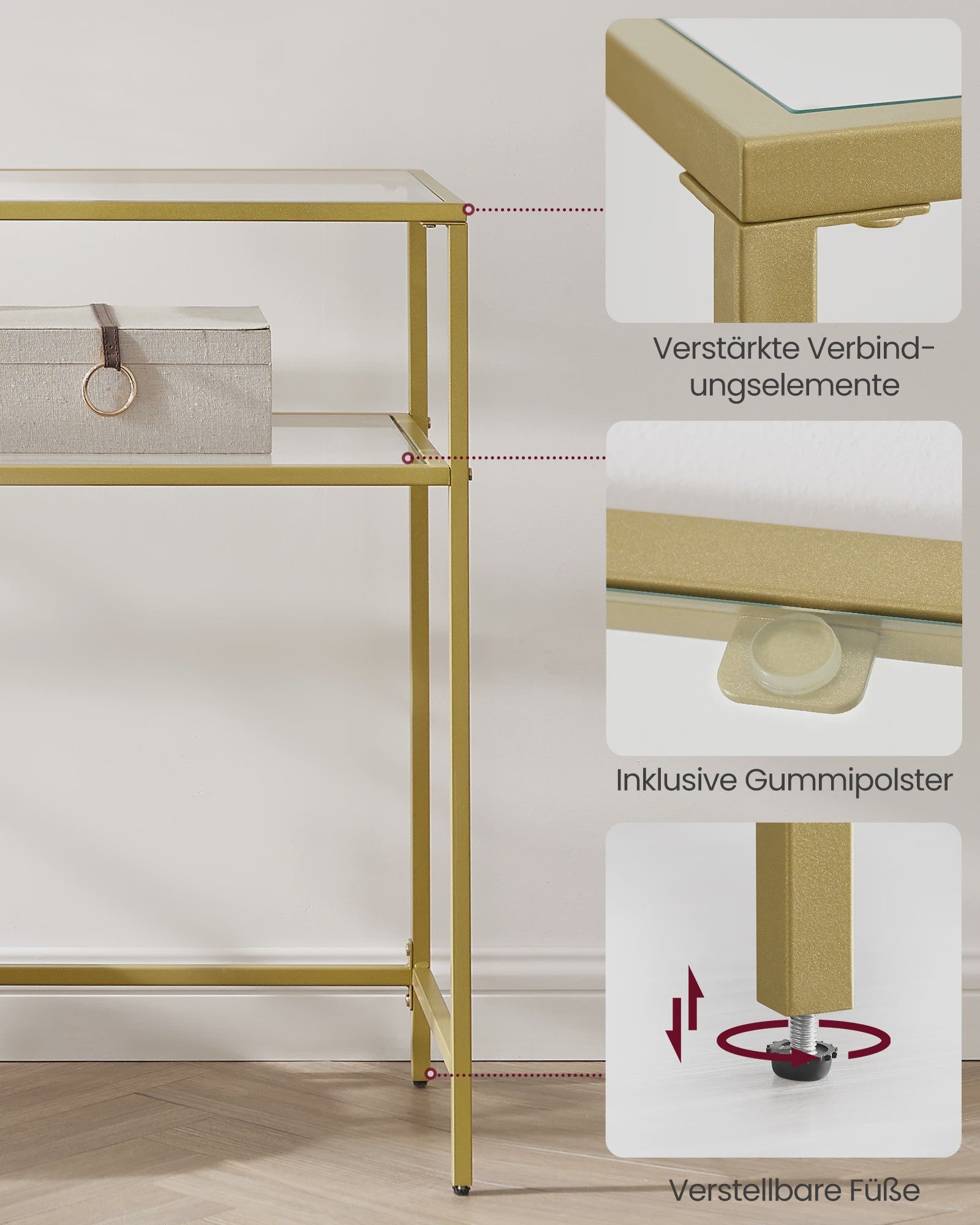 VASAGLE Console Tafel met 2 Glazen Legborden - Goudkleurig Metaal - 100x35x80 cm