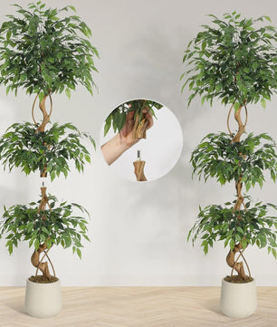Kunst Ficus Boom met Gebogen Stam en Witte Pot - Realistische Zijde Plant voor Binnen & Buiten