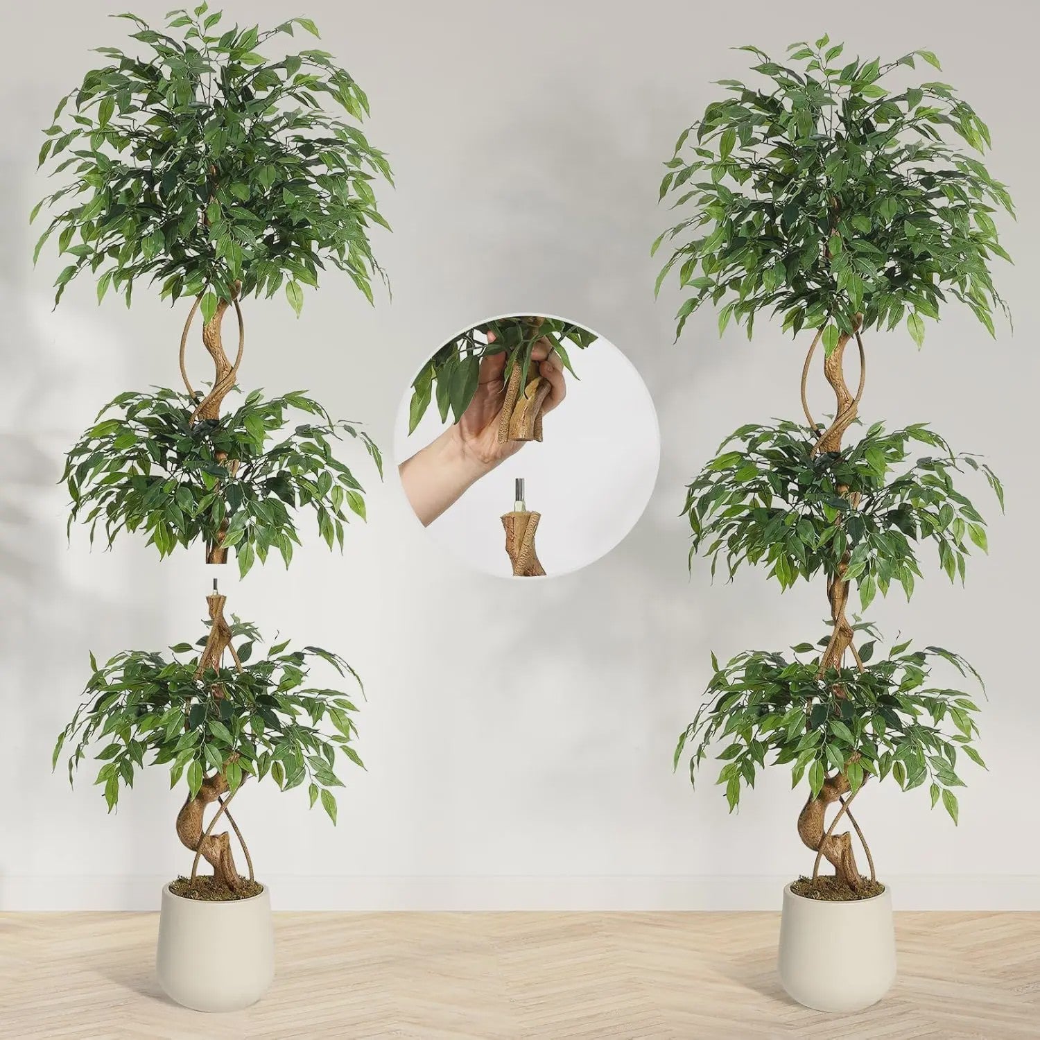 Kunst Ficus Boom met Gebogen Stam en Witte Pot - Realistische Zijde Plant voor Binnen & Buiten