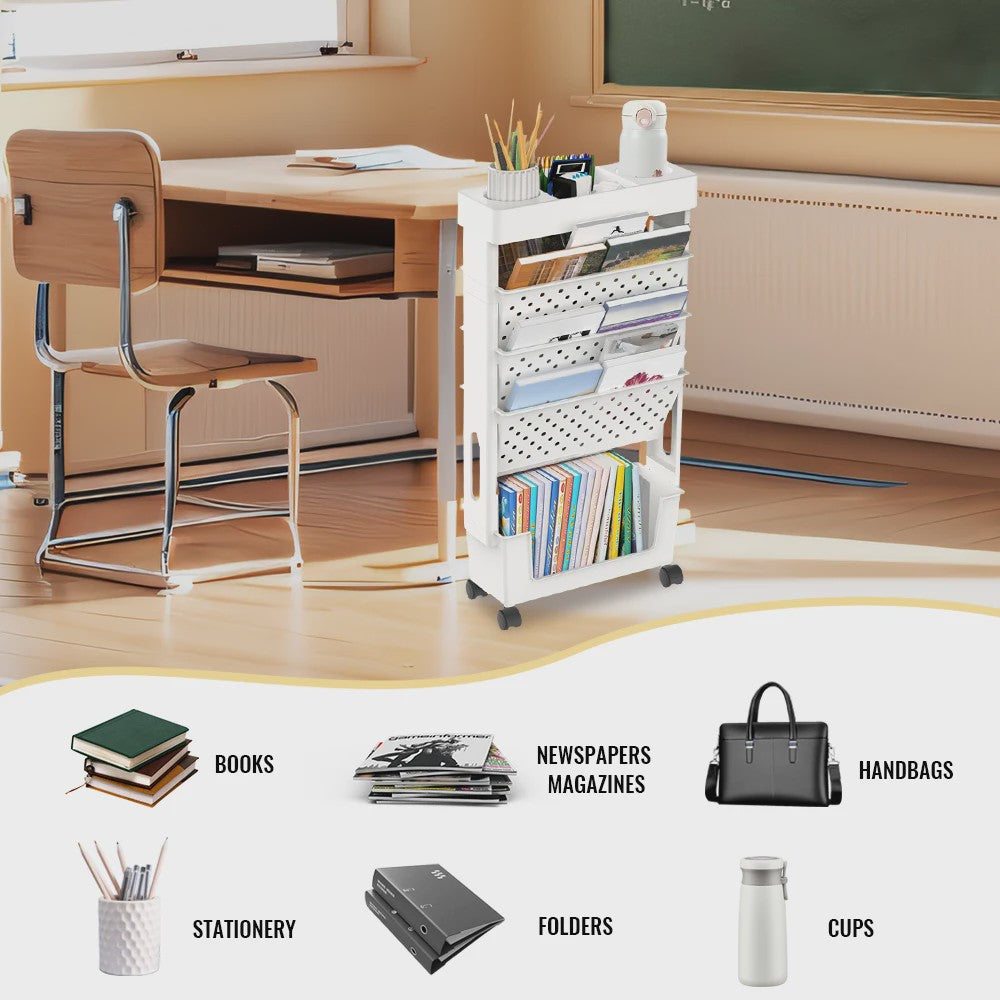 5-Laags Verrijdbare Opbergrek met Wielen - Grote Capaciteit Organizer voor Boeken & Documenten