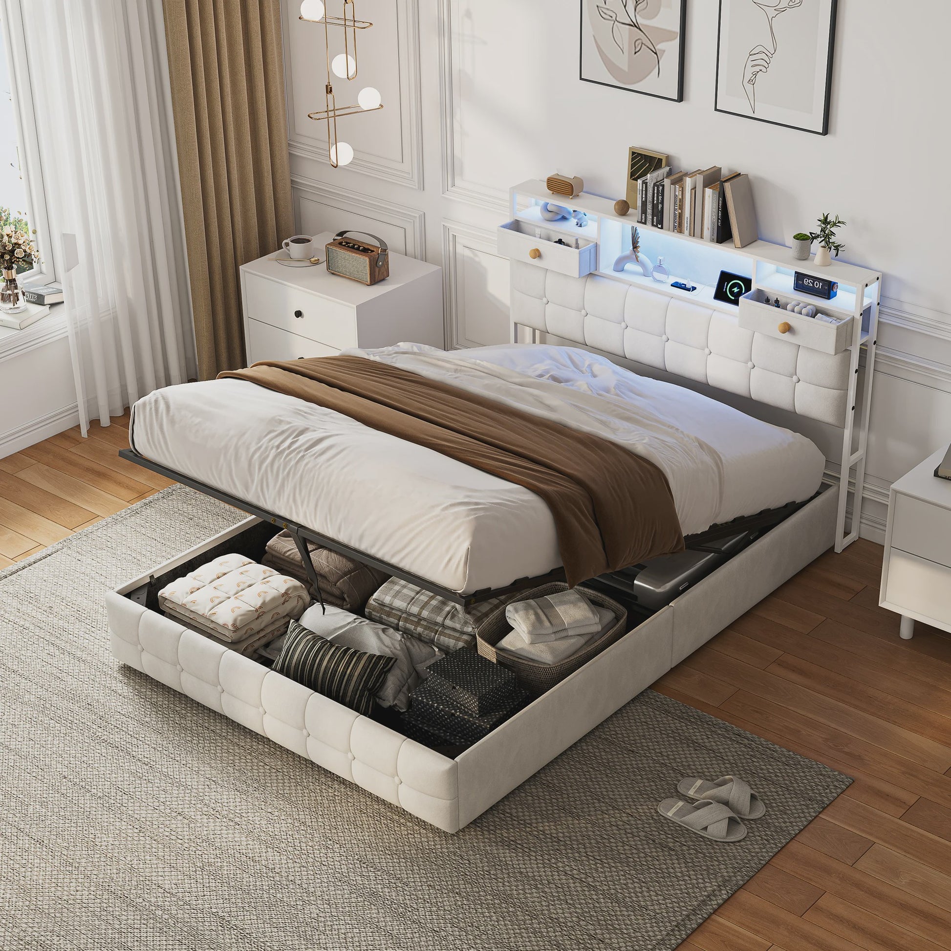 Boxspring Bed 140x200 met Hydraulische Opbergruimte en Multifunctioneel Hoofdbord - Velvet