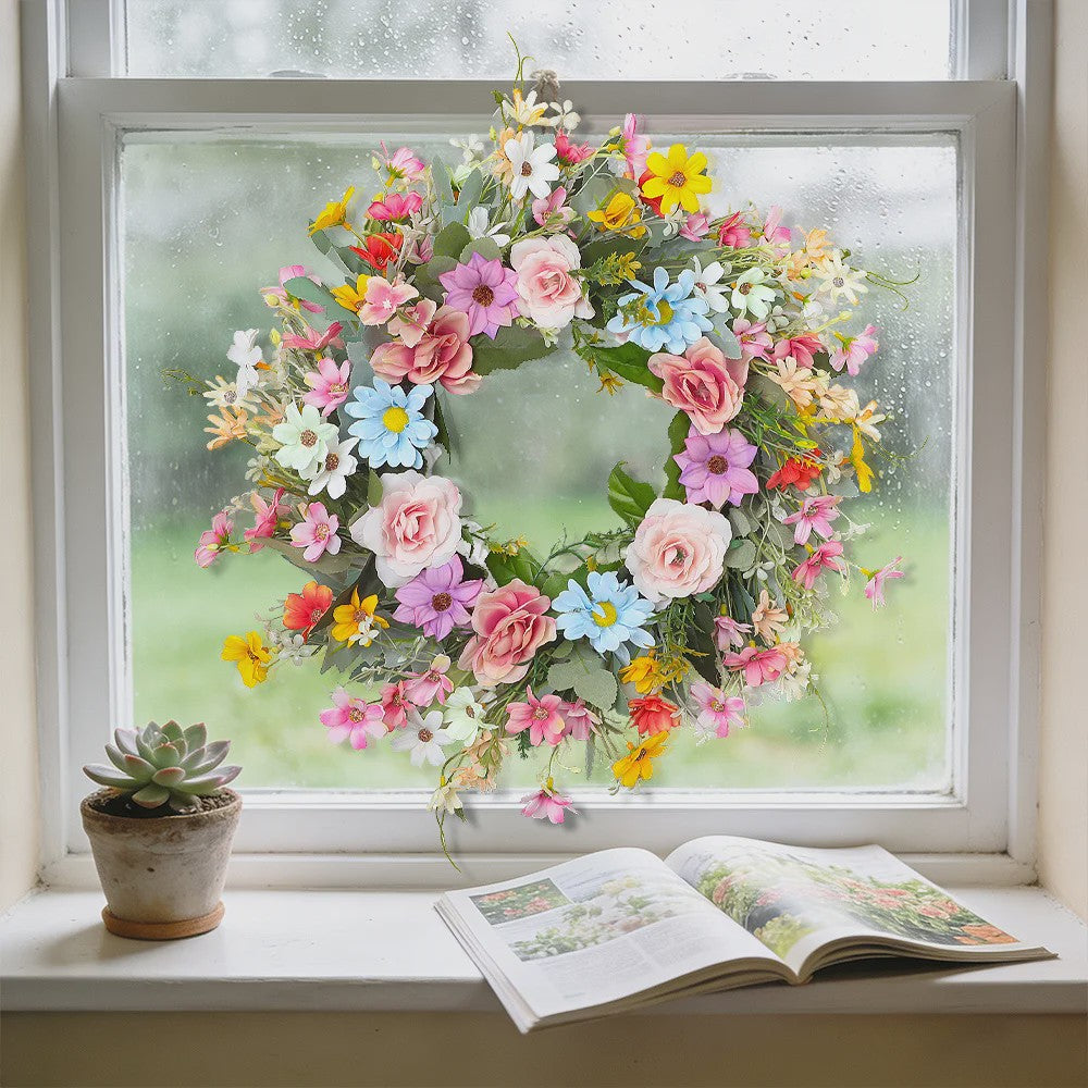 Kleurrijke Kunstbloemen Krans - Lente, Pasen, Valentijn Deurdecoratie & Woonaccessoire